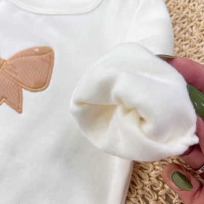 Conj. Casaco de Moletom Laço e Calça Legging Corações - Areia e Off White